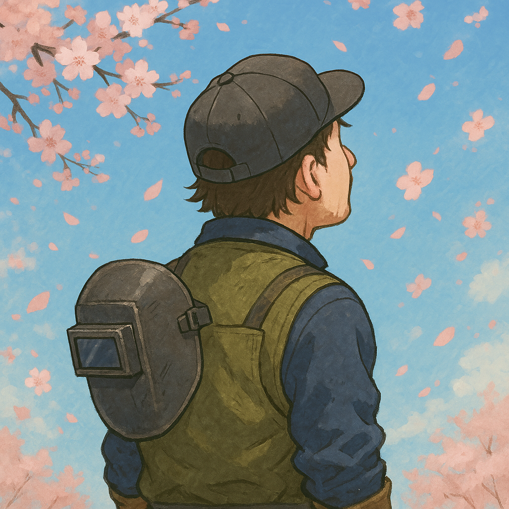 桜を見ながら物思う溶接マン