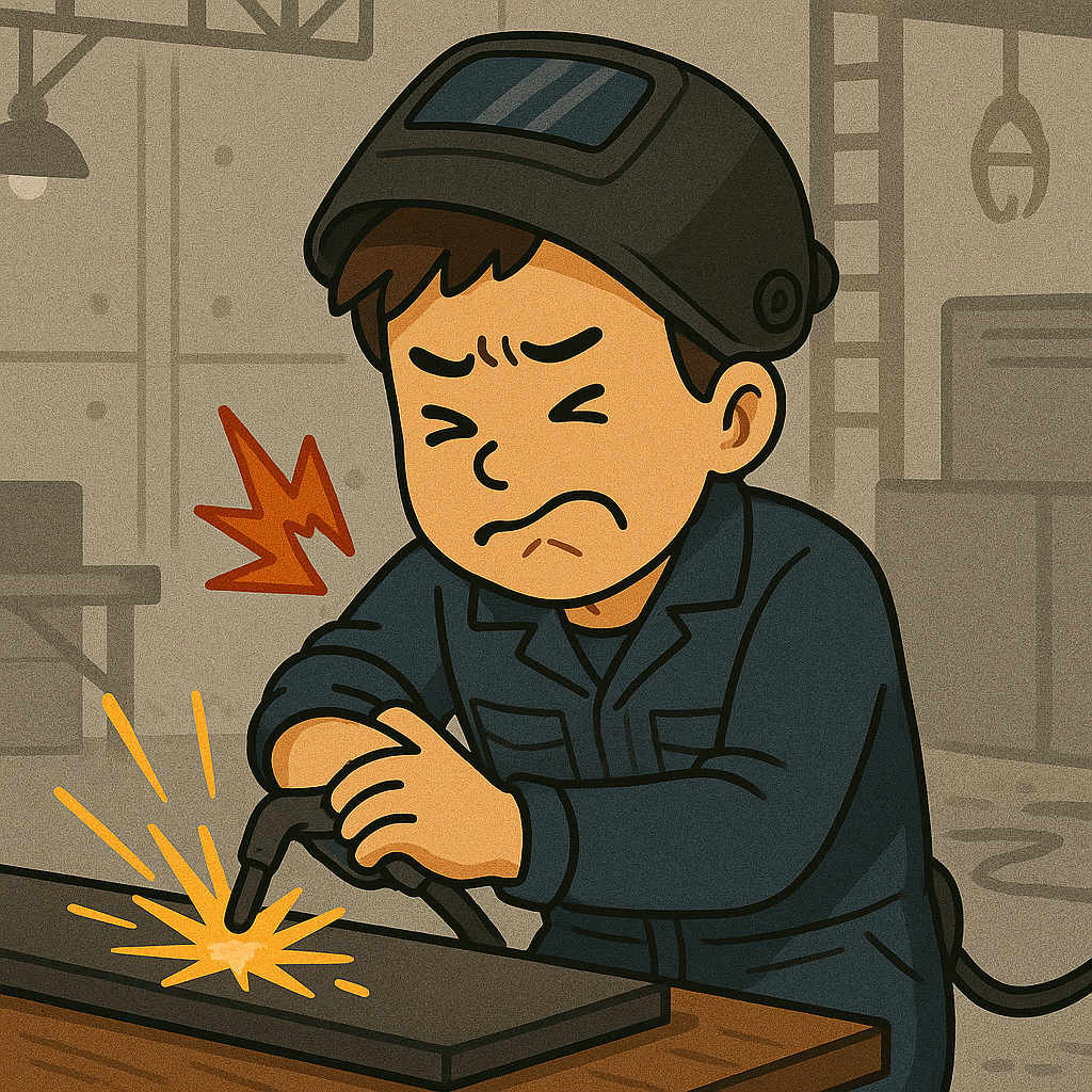 仕事中に肘の痛みに耐える溶接職人