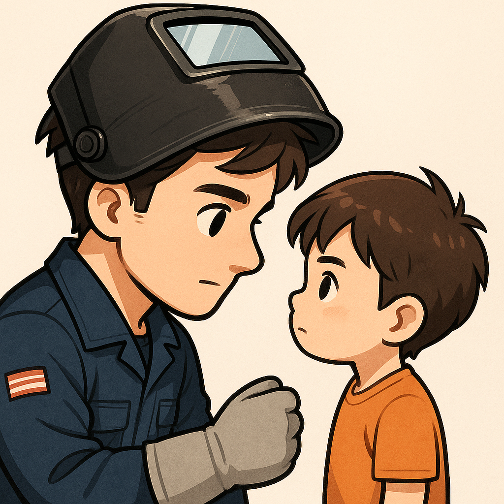 子供と向き合う溶接職人