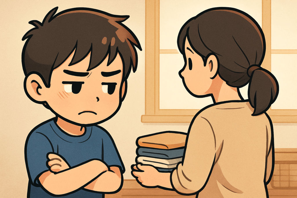 母親の背中を見て反省する子供