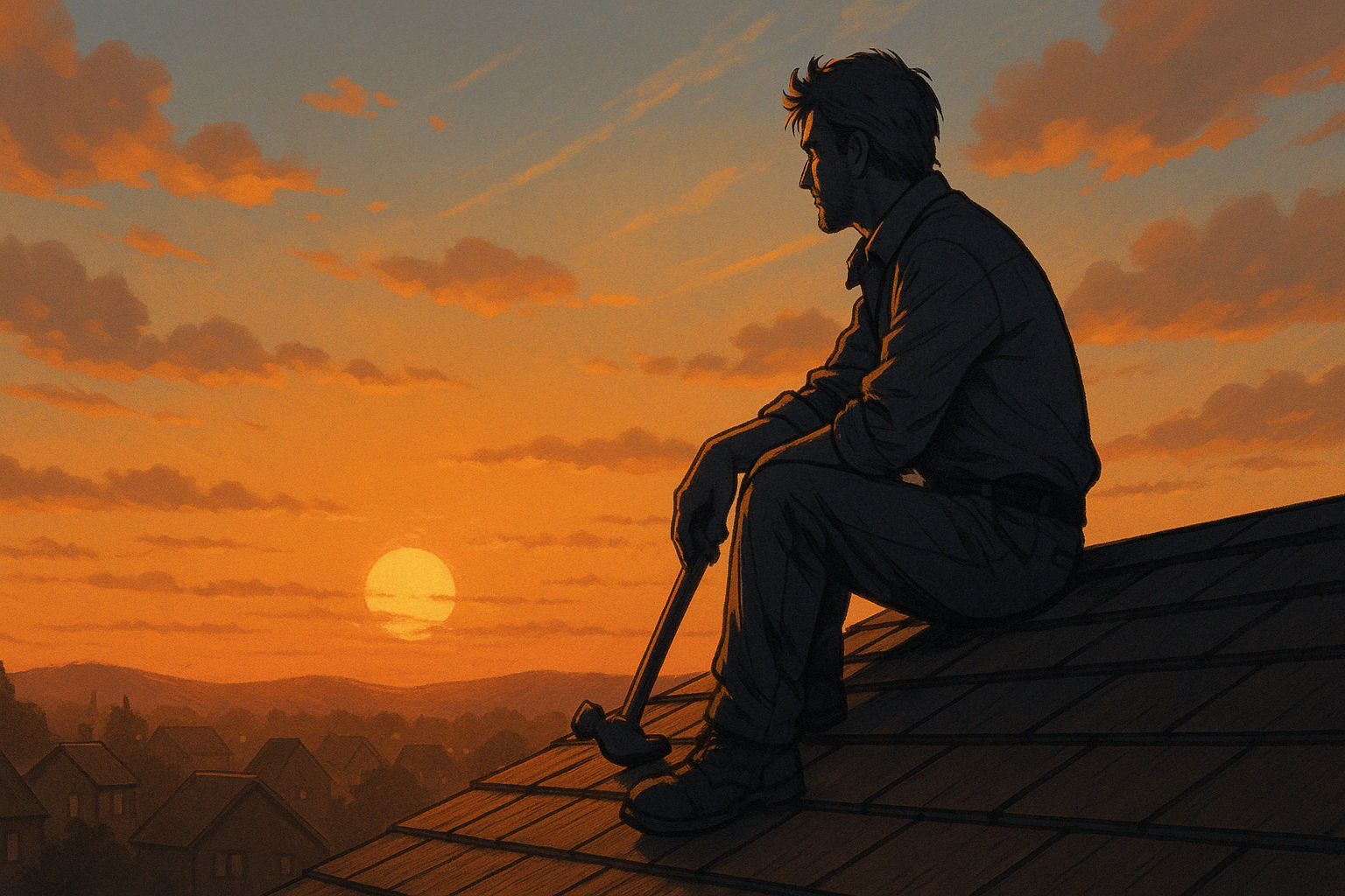 屋根の上で夕陽に照らされる男。その背中は静かに語る。“普通”の人生が、少しずつズレ始める前の瞬間――。
