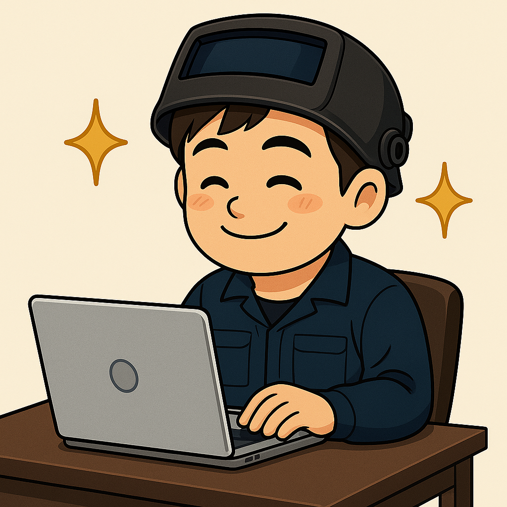 休日にPC作業を楽しむ溶接職人のイラスト