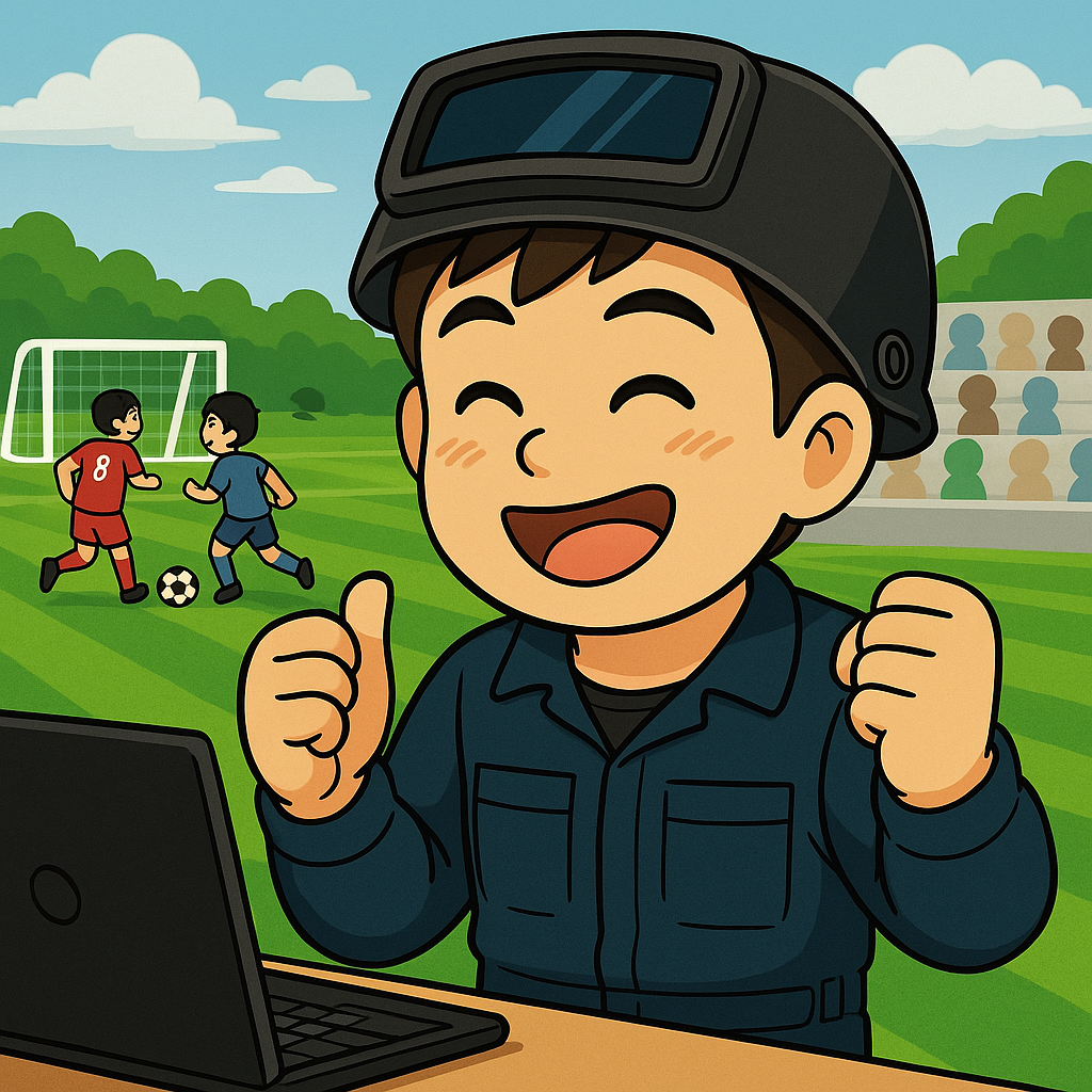 甥っ子のサッカー試合を応援しながら笑顔を見せる溶接職人のイラスト