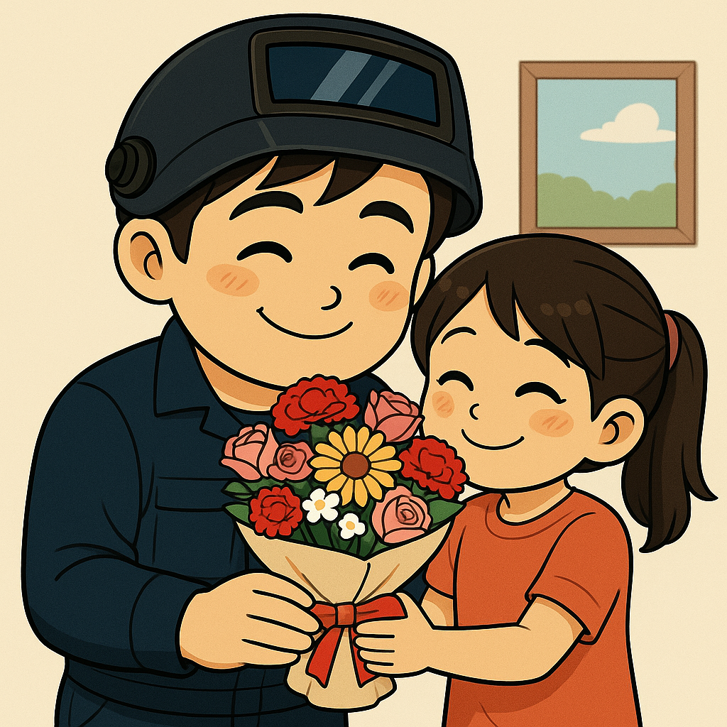 母の日に娘と一緒に花を贈る溶接職人の父親のイラスト
