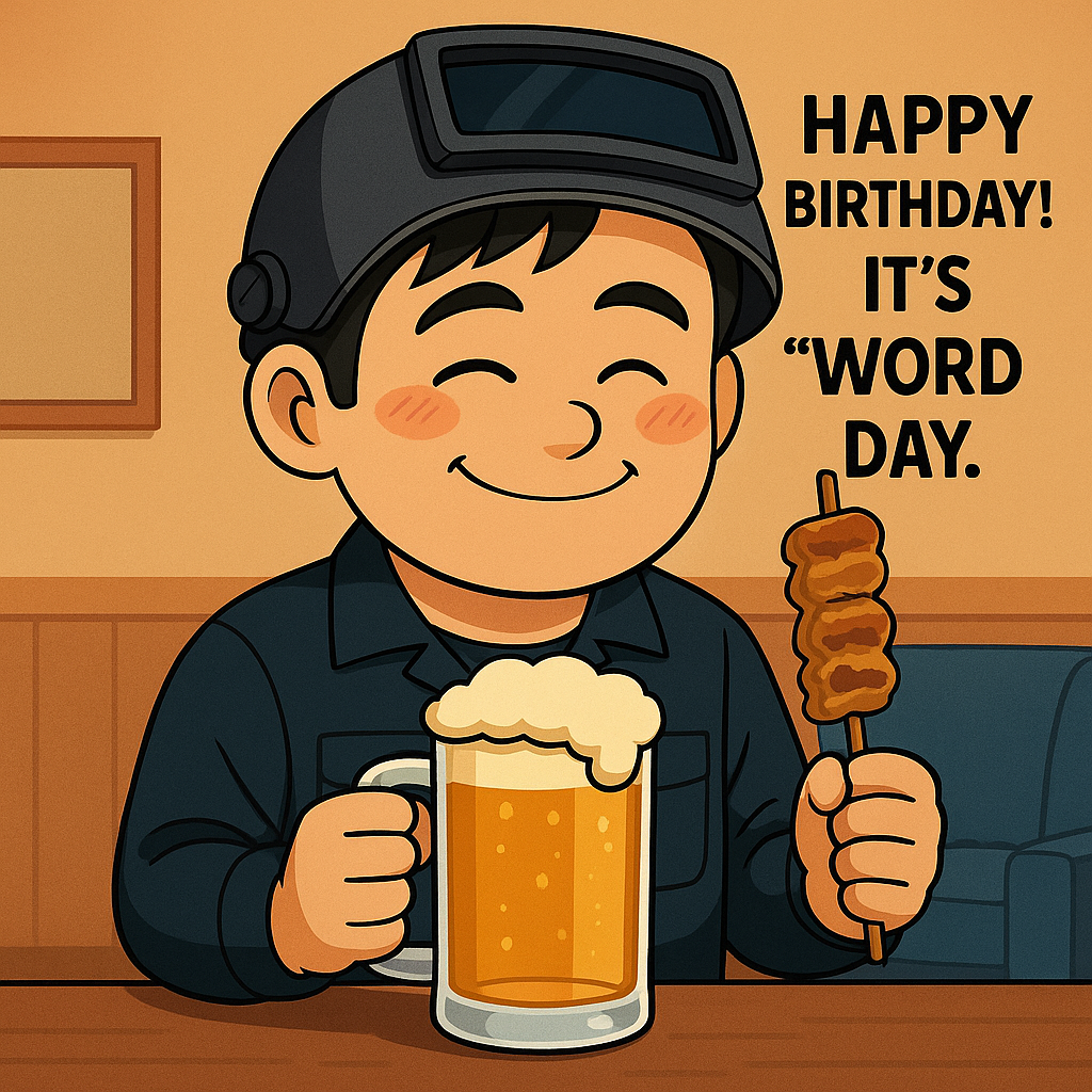 金麦と焼き鳥を手に持ち、静かに誕生日を祝う中年男性