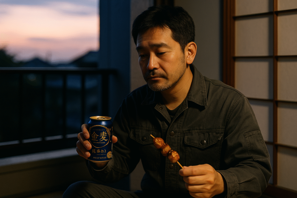 夕暮れ時、自宅のベランダまたは和室で金麦と焼き鳥を手に持ち、静かに誕生日を祝う中年男性