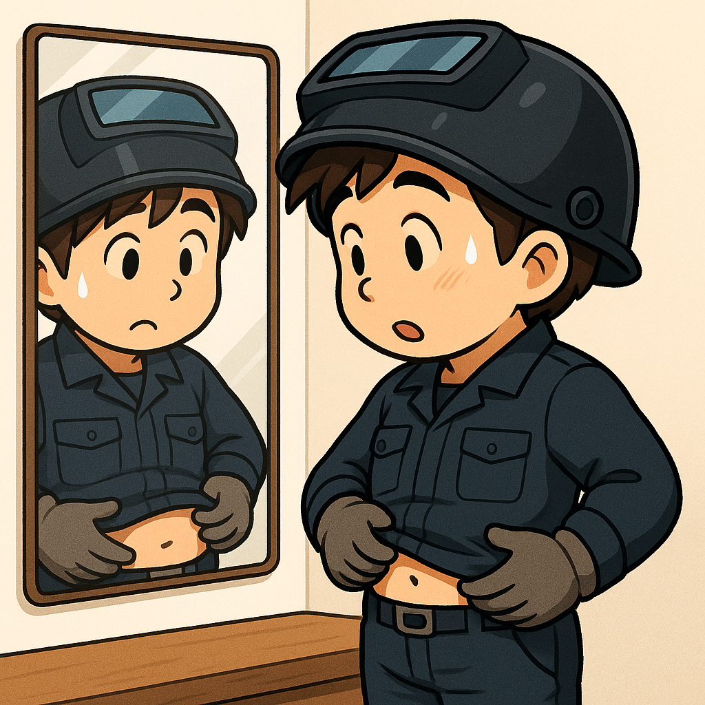 鏡の前で「痩せたかも?」とお腹を見る男性