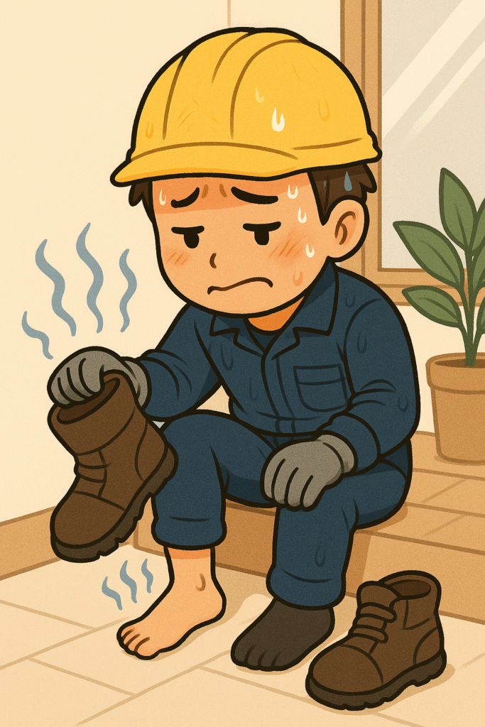 靴を脱ぐのに気まずそうな作業員(足のニオイ対策に悩む構図)