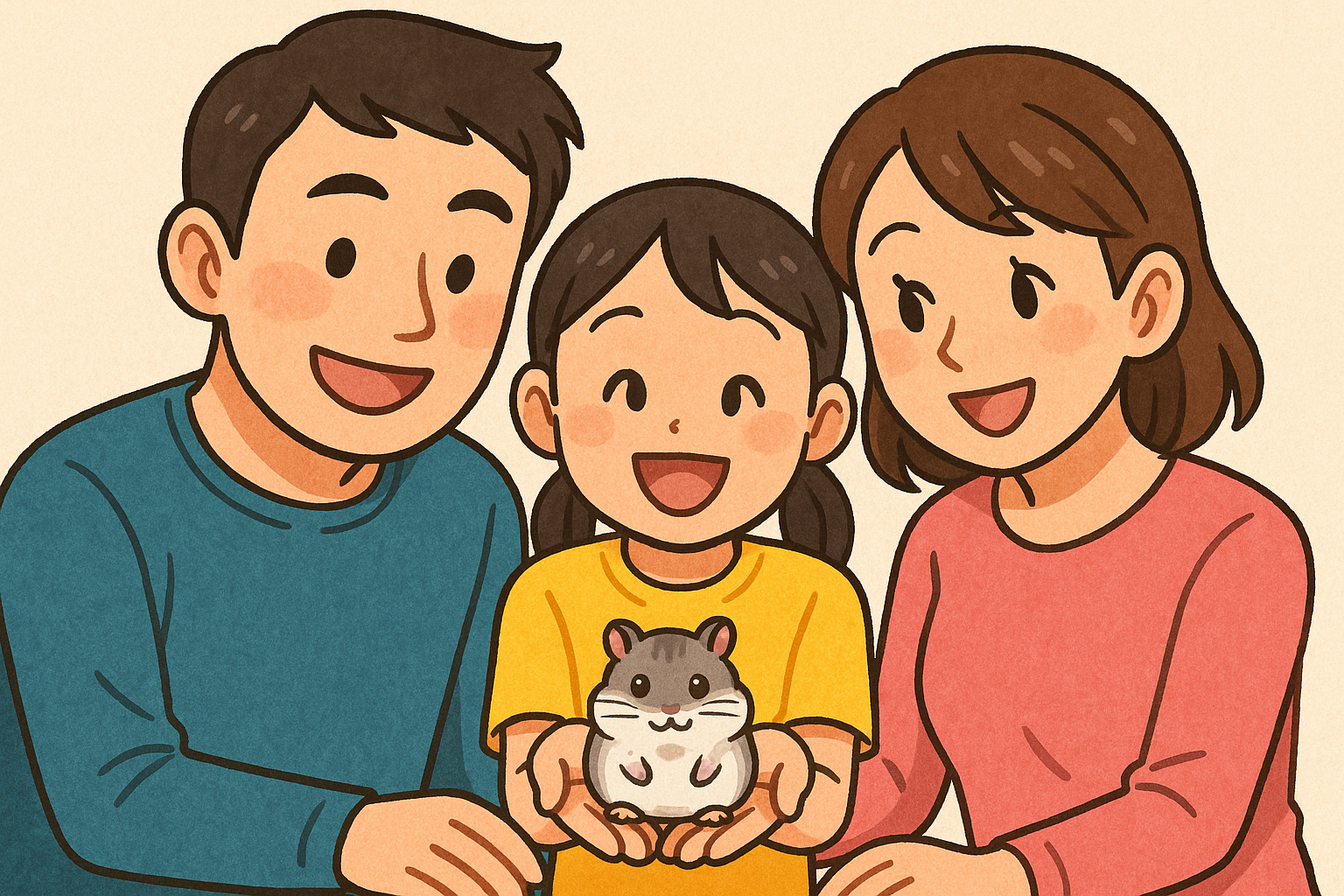私、妻、娘の3人と、新しい家族のハムスター