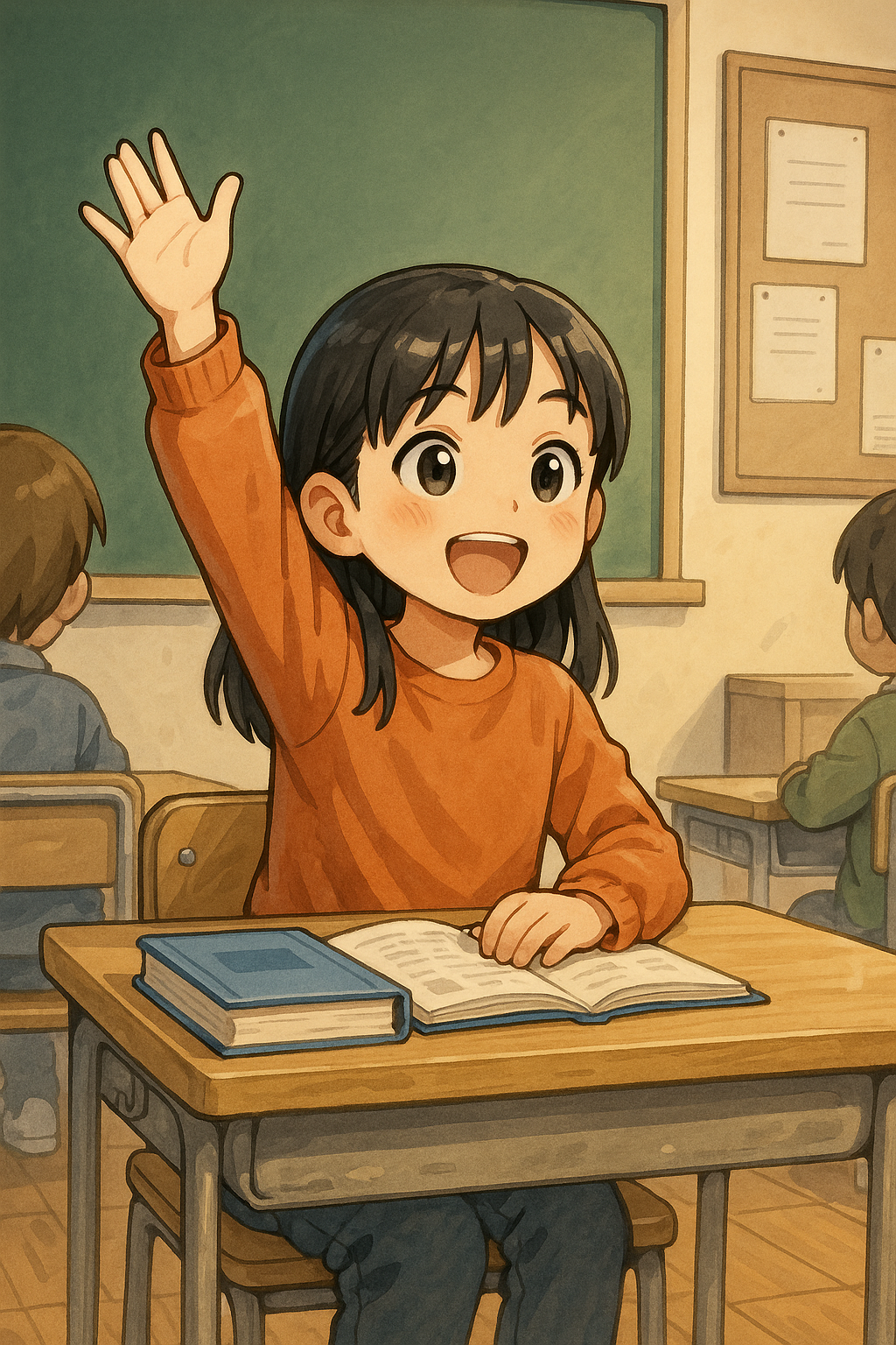小学校の教室で発言する女の子