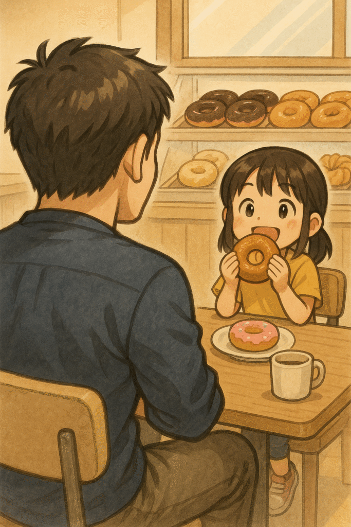 父親がミスドで娘を見守る後ろ姿