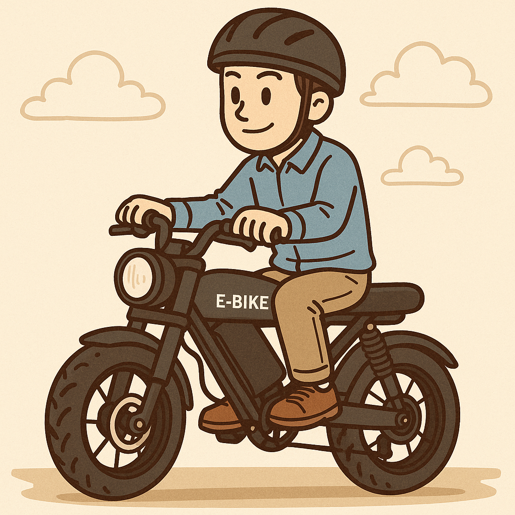 バイク型電動自転車に乗る男性のイラスト|車の代替手段として注目