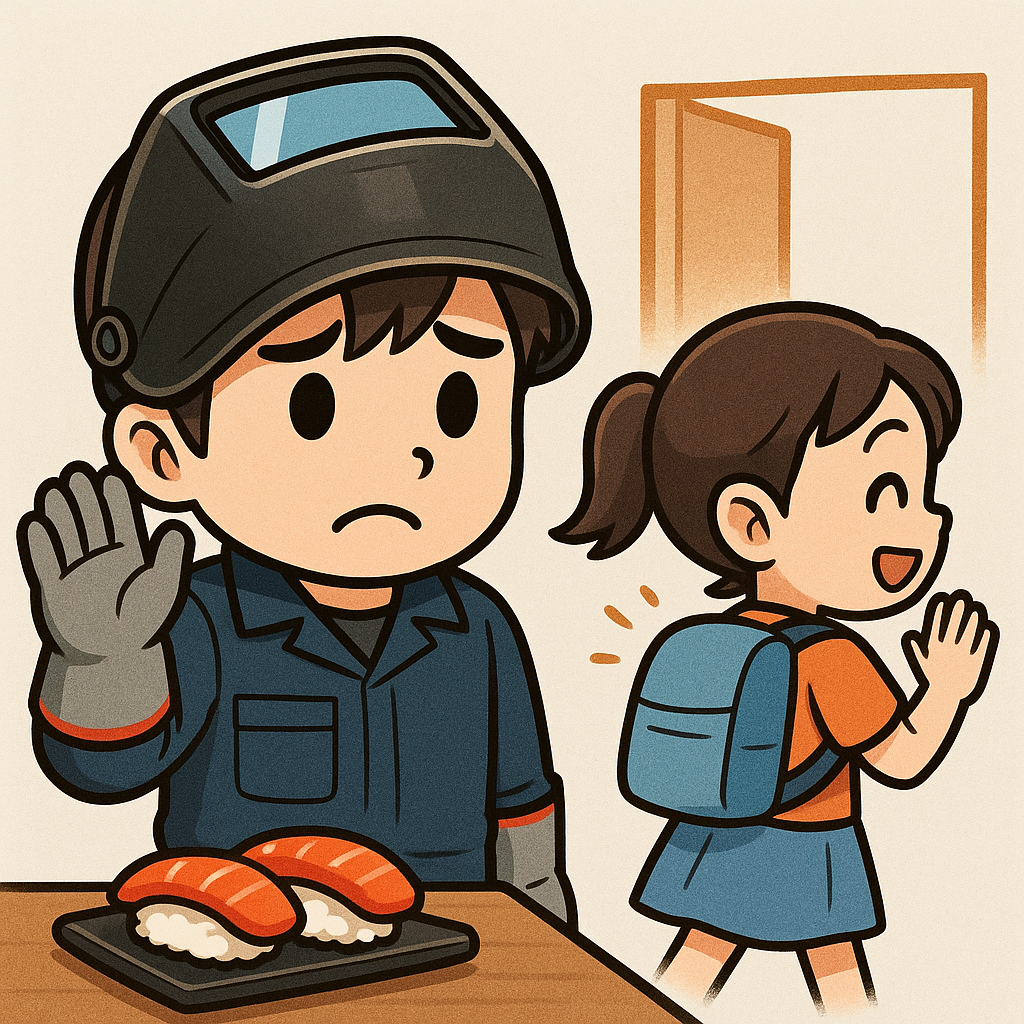残念そうに見送る溶接マン
