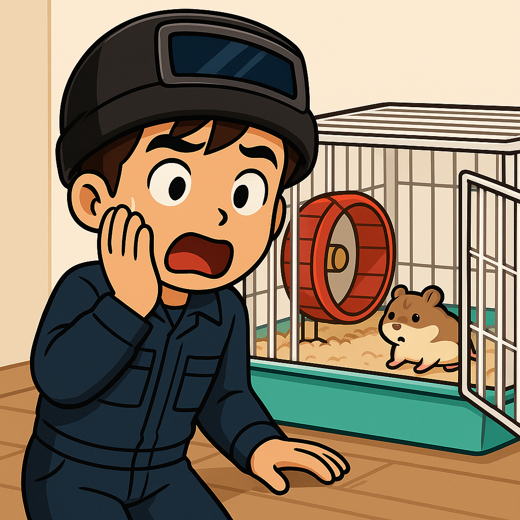 驚いた表情の飼い主キャラが、ケージの扉が開いているのを発見して焦っている場面