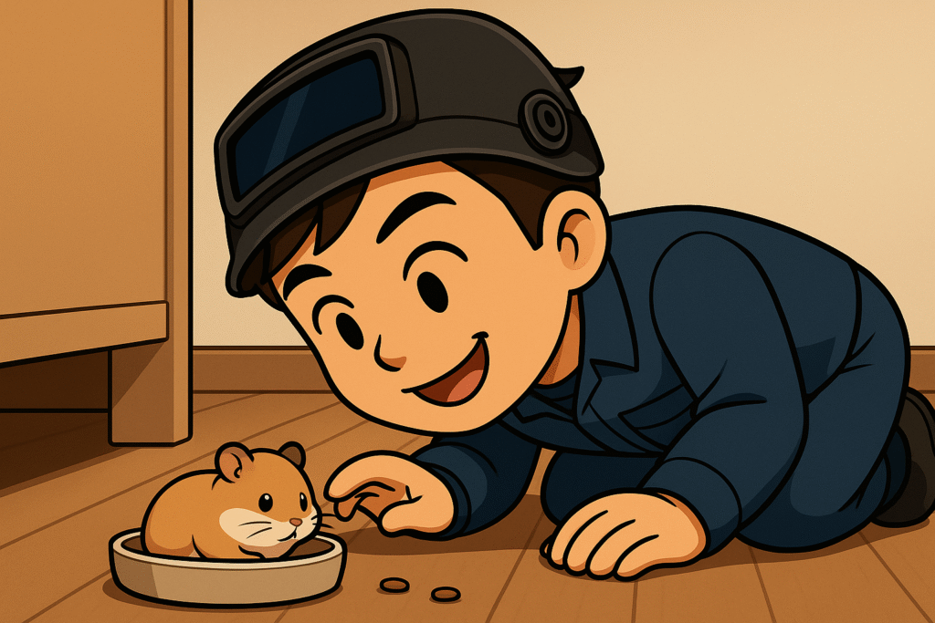 笑顔になった飼い主が、エサ皿に顔を出したハムスターを見つけて静かに手を伸ばしているシーン