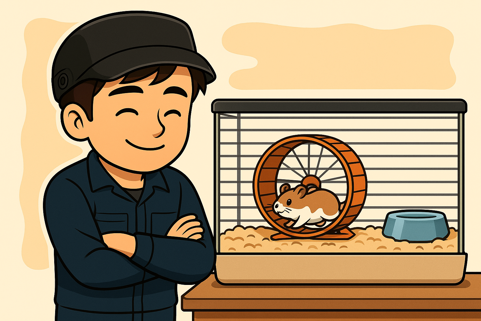 安堵した表情の飼い主キャラが、綺麗になったケージの前で腕を組み、元気に走り回るハムスターを見守っている様子