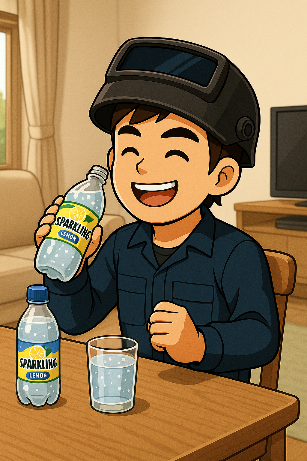 リビングのテーブルで炭酸水を手に持ち、爽やかに笑顔