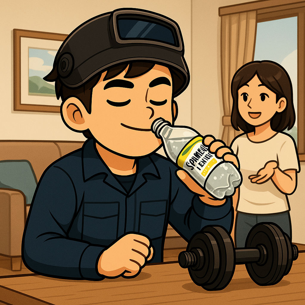 炭酸水を飲んで爽快な表情+筋トレグッズ+家庭で笑顔