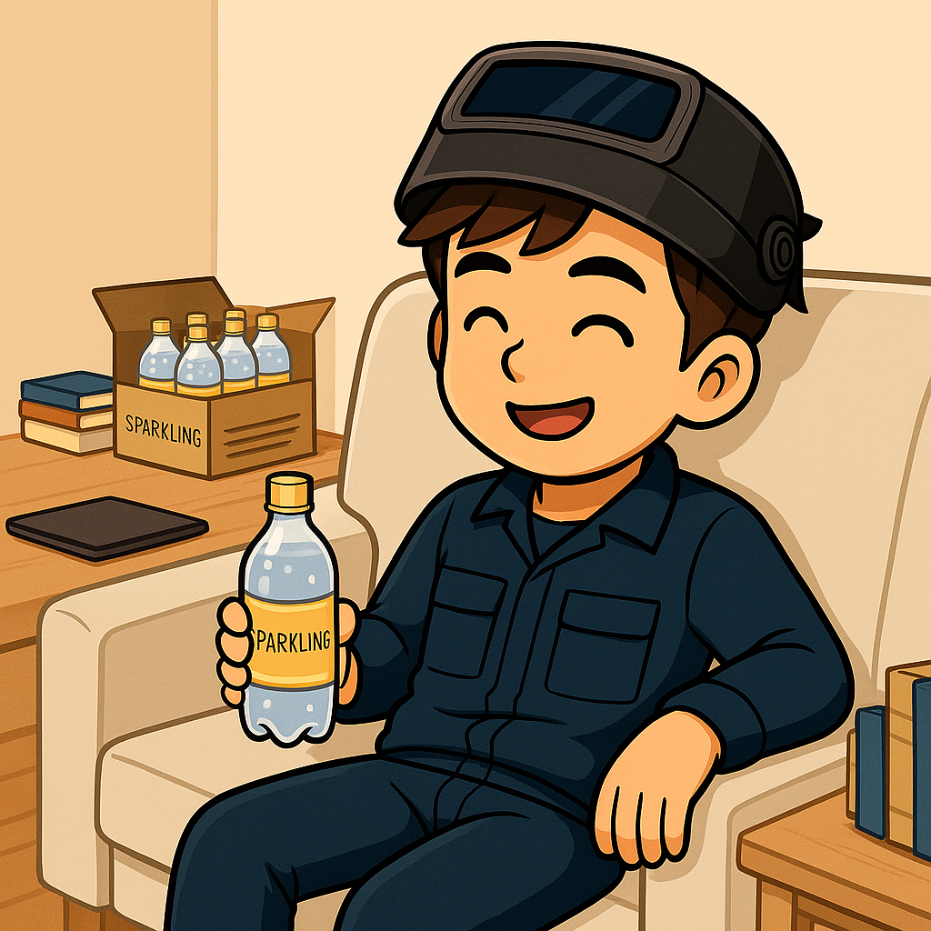 リビングで炭酸水を片手にリラックス