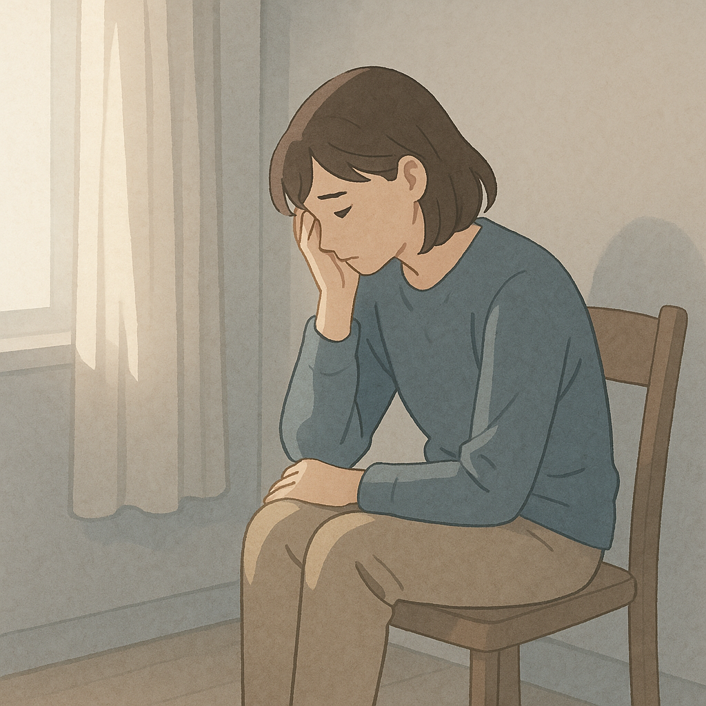 「静かな部屋で一人、うつむきながら考え込む日本人男女。光と影のコントラストが、心の迷いと孤独を象徴する。ガスライティングによる心理的支配と、自分を取り戻そうとする姿を表現。」