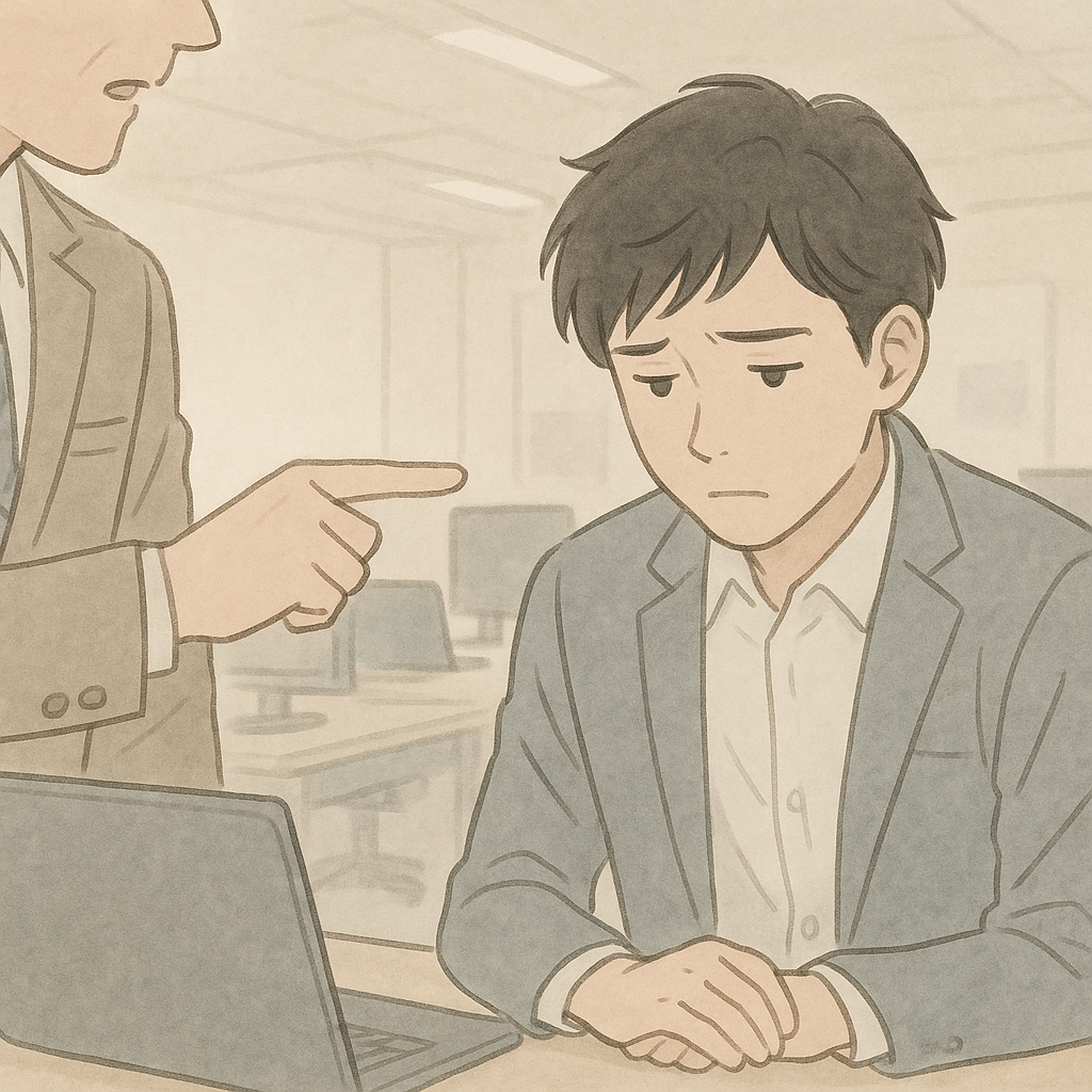 上司の言葉に困惑し、自分の記憶を疑う会社員。ガスライティングによる職場での違和感と心理的負担を表現。