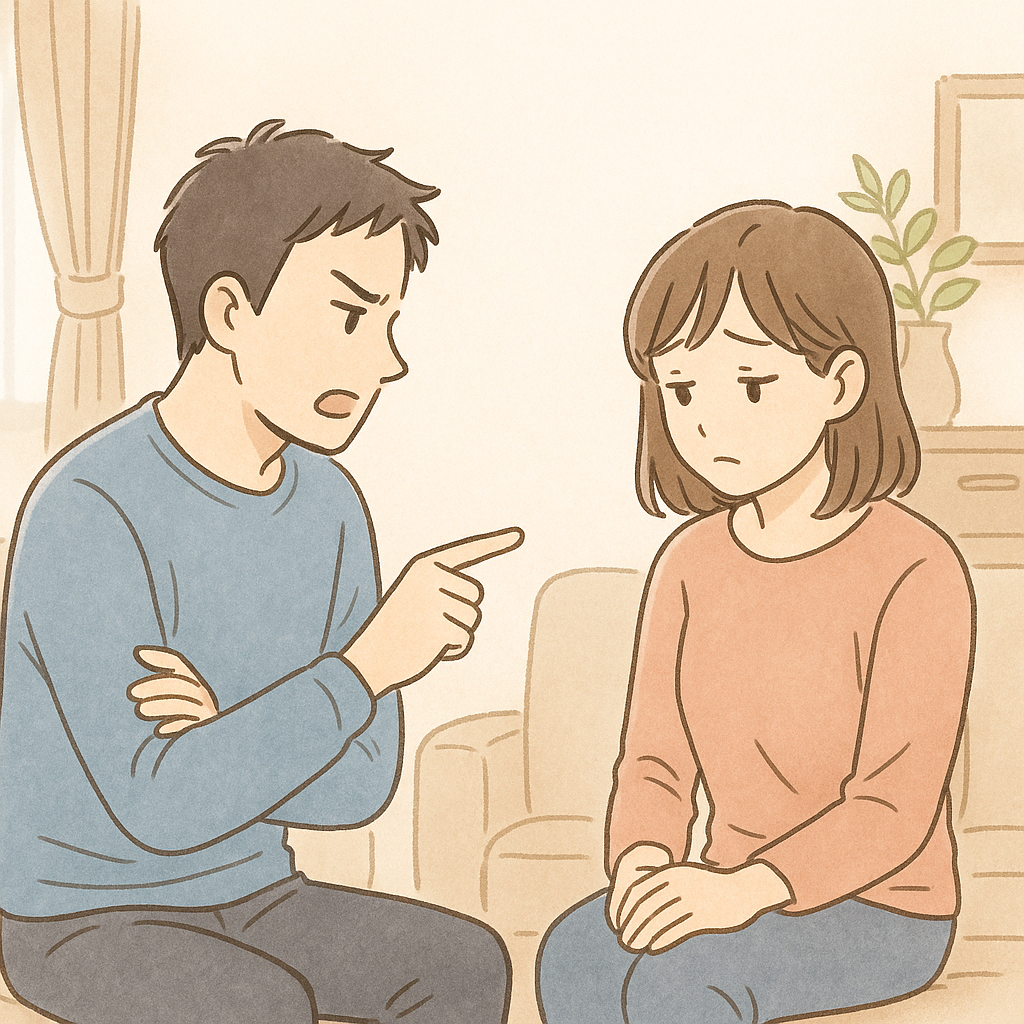 夫婦の会話の中で、思いがすれ違い、心が離れていく様子。ガスライティングによる家庭内の苦しみを象徴。
