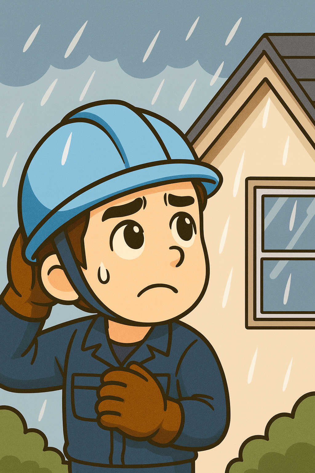 雨の日に屋根を見上げる職人。雨漏りに気づき、不安そうに家を見つめる姿。住宅メンテナンスの大切さを象徴