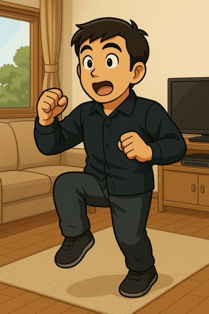 ゆるい継続スタイルで筋トレを楽しむ日本人男性。リビングで軽く体を動かしながら、無理なく健康維持に取り組む様子。
