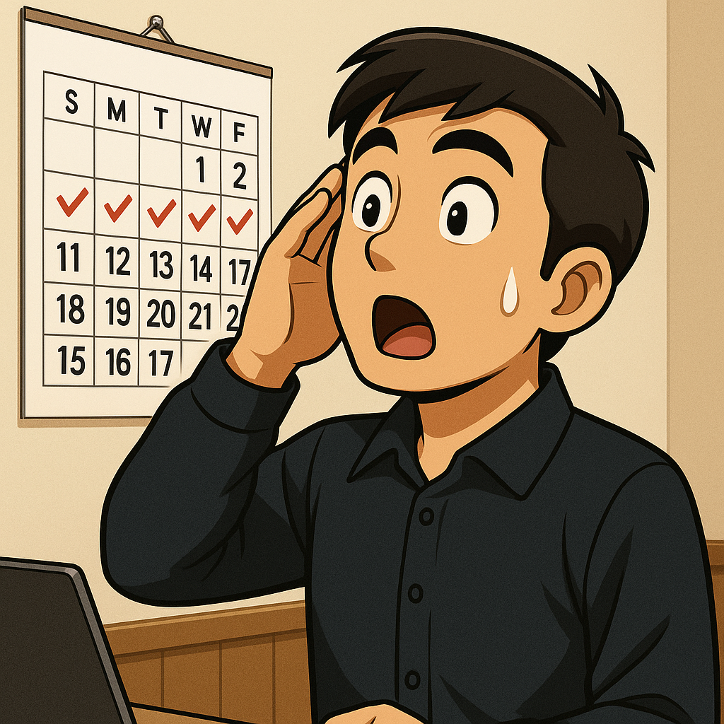 自分の習慣継続日数に気づき、驚きながらカレンダーを見上げる日本人男性。日付にはチェックマークが付いている。