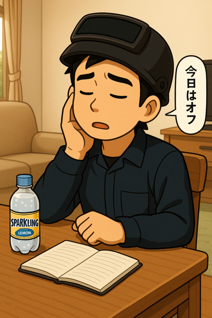 やるべき習慣を忘れたことに気づきながら、「今日はオフ」と自分を納得させている日本人男性。ゆるく継続を受け入れる様子。