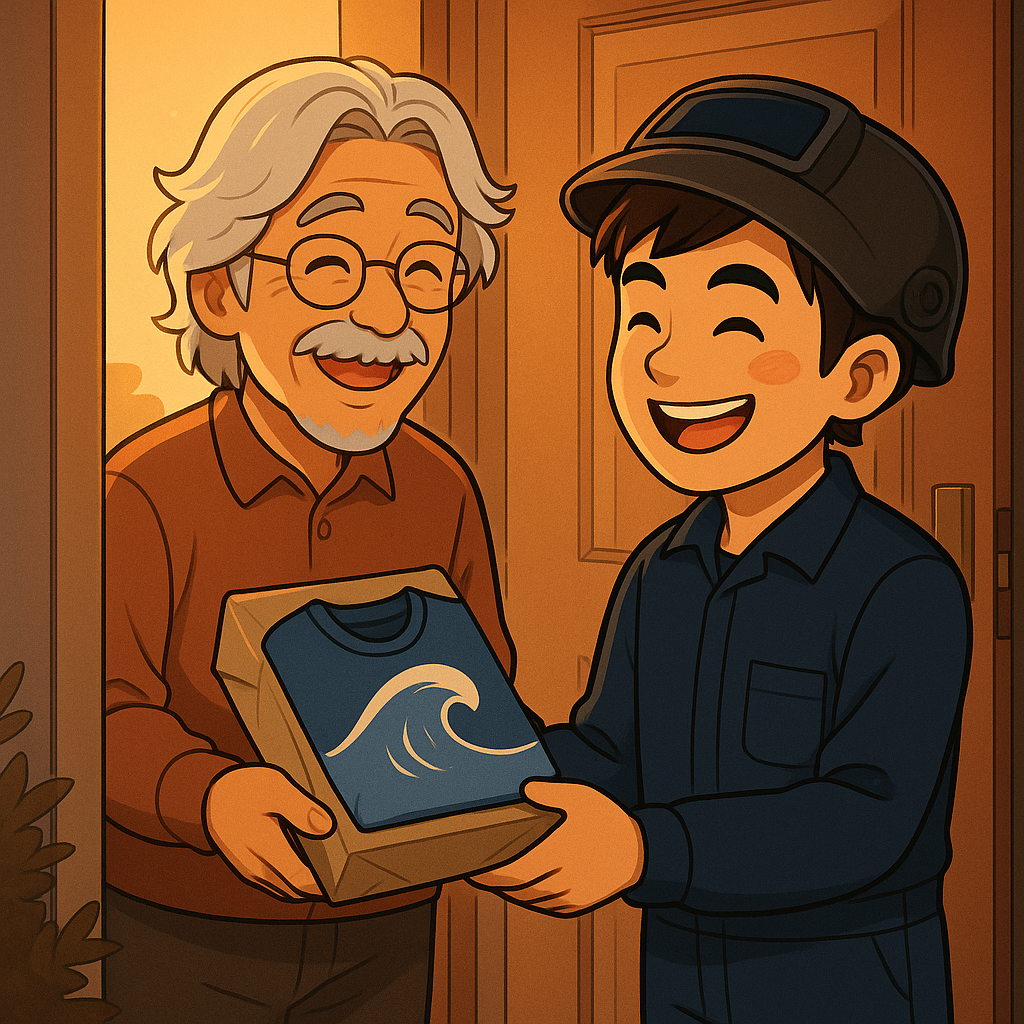 誕生日プレゼントを渡した後、笑顔で見送る親子。語呂合わせギフトを通じて温かくつながる瞬間。