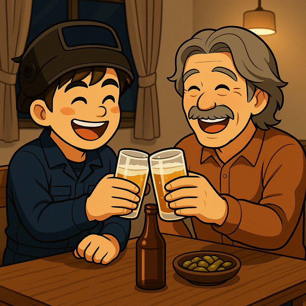 晩酌を楽しむ父と息子。かけがえのない家族との時間を思い出すシーン。