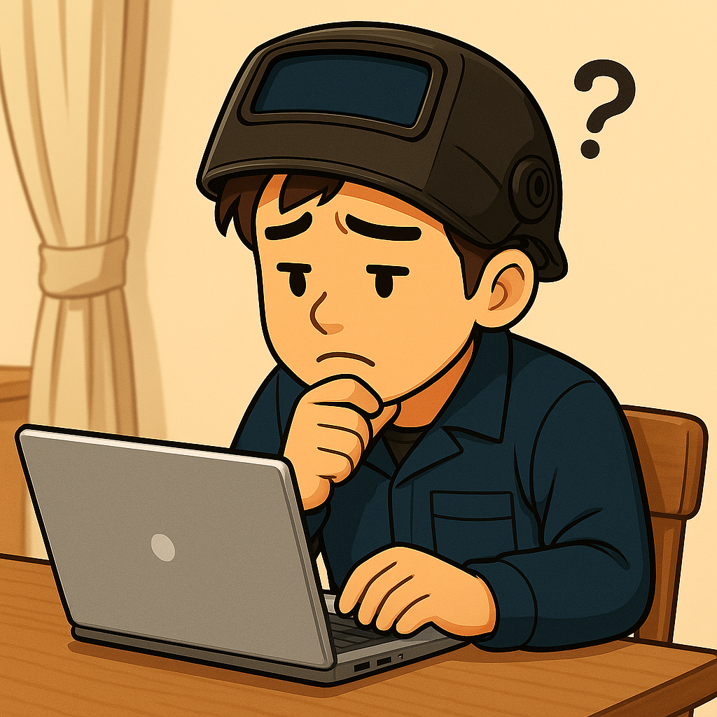 楽天ROOMで贈り物のアイデアを探す溶接マン。プレゼント選びに悩みながらも相手を思う様子。