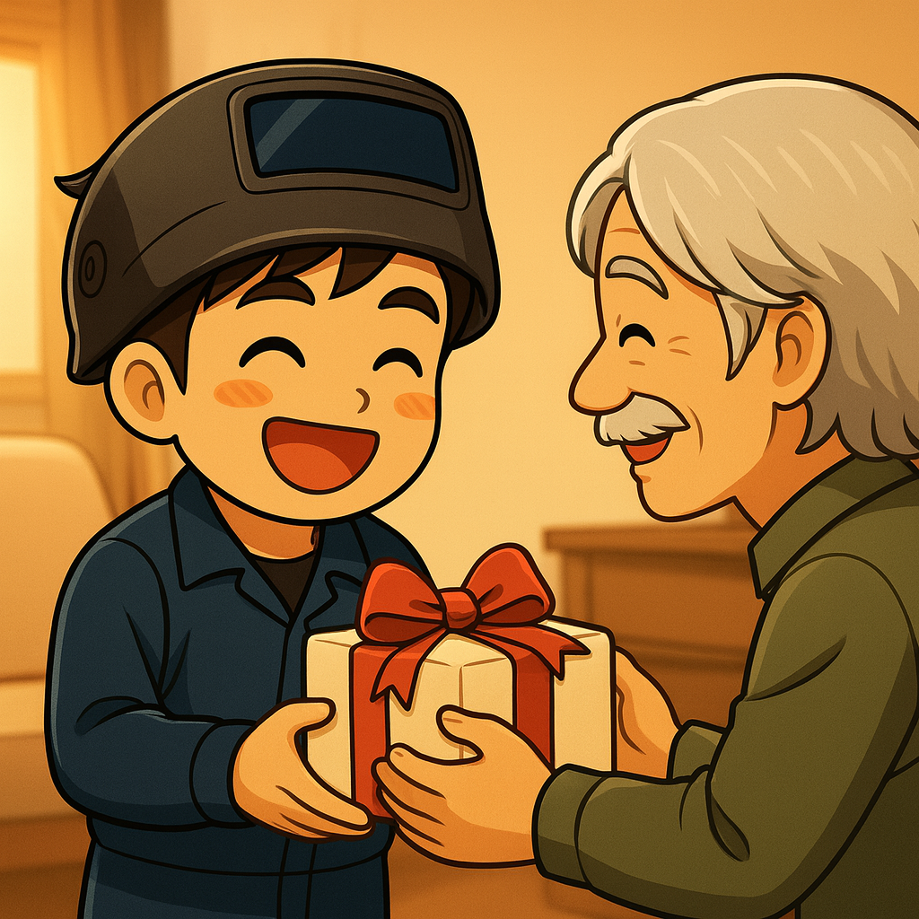 父の誕生日にプレゼントを手渡す溶接マン。語呂合わせギフトを通じて感謝の気持ちを伝える温かい瞬間