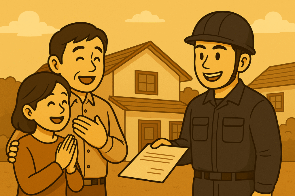 信頼できる工務店と出会い、納得のいく工事を終えた依頼者。安心と信頼の結果を象徴するイメージ。