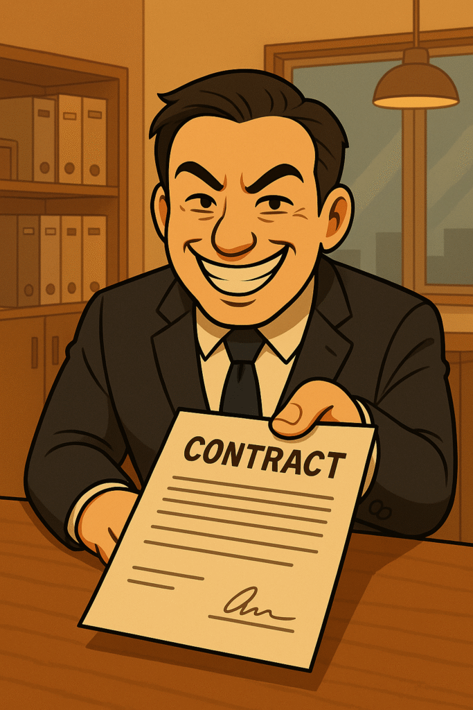 大手工務店の営業マンが契約を迫るイメージ。現場を知らない営業トークの危うさを示す。