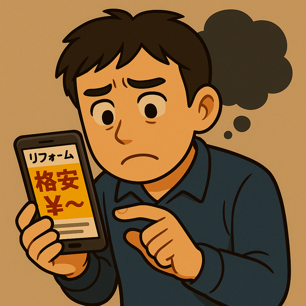 ネット広告の安さに惹かれつつも、不安を感じる依頼者。悪徳業者に騙されないための警戒を表すイメージ。