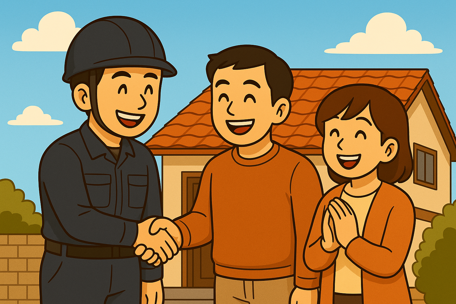 信頼できる工務店と出会い、安心して工事を任せられる依頼者。誠実な関係を象徴するイメージ。