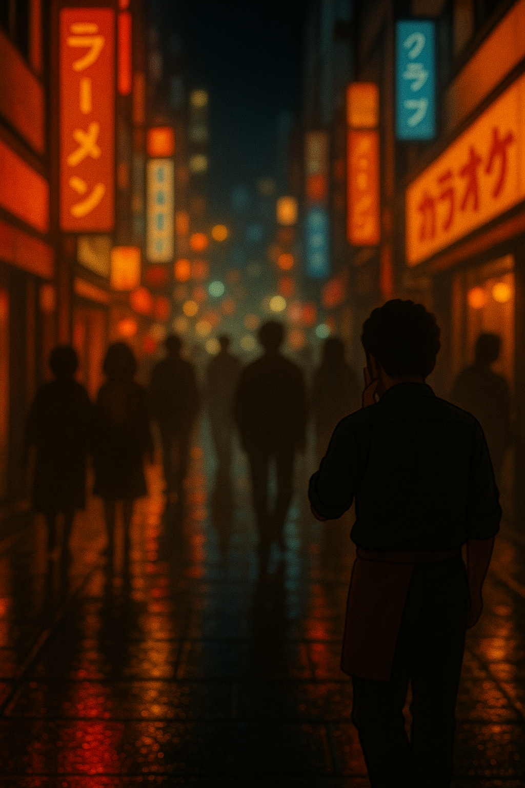 ネオンが輝く夜の繁華街。 人の影が行き交う中、笑いと緊張が混じり合う夜の世界を象徴する。