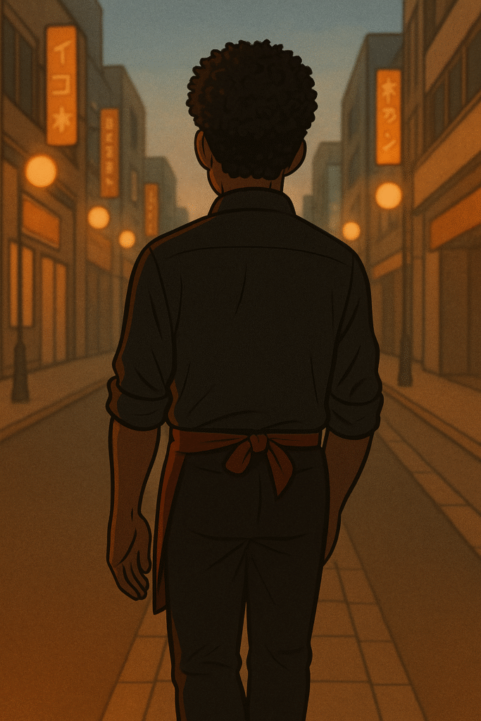 夜明けの街を去る黒人スタッフの後ろ姿。 笑いの夜が終わり、切なさと余韻を残すシーン