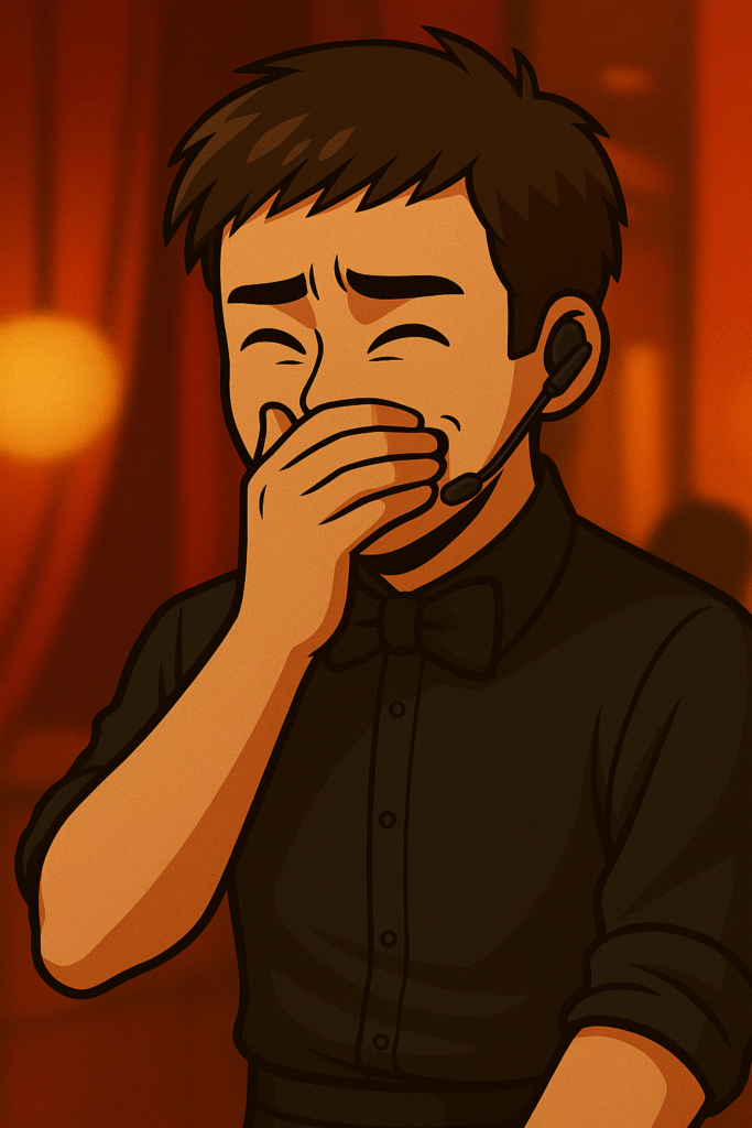 キャバクラ店内でインカムを操作する男性スタッフ。 緊迫感の中に笑いを堪えるリアルな瞬間を捉えた一枚。