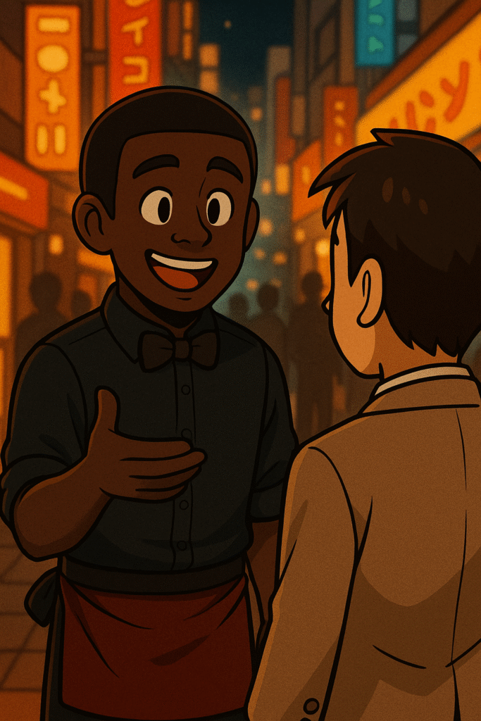 夜の街角でキャッチ中の黒人スタッフ。 慣れない日本語で必死に声を掛ける姿に、人懐っこさと誠実さがにじむ。