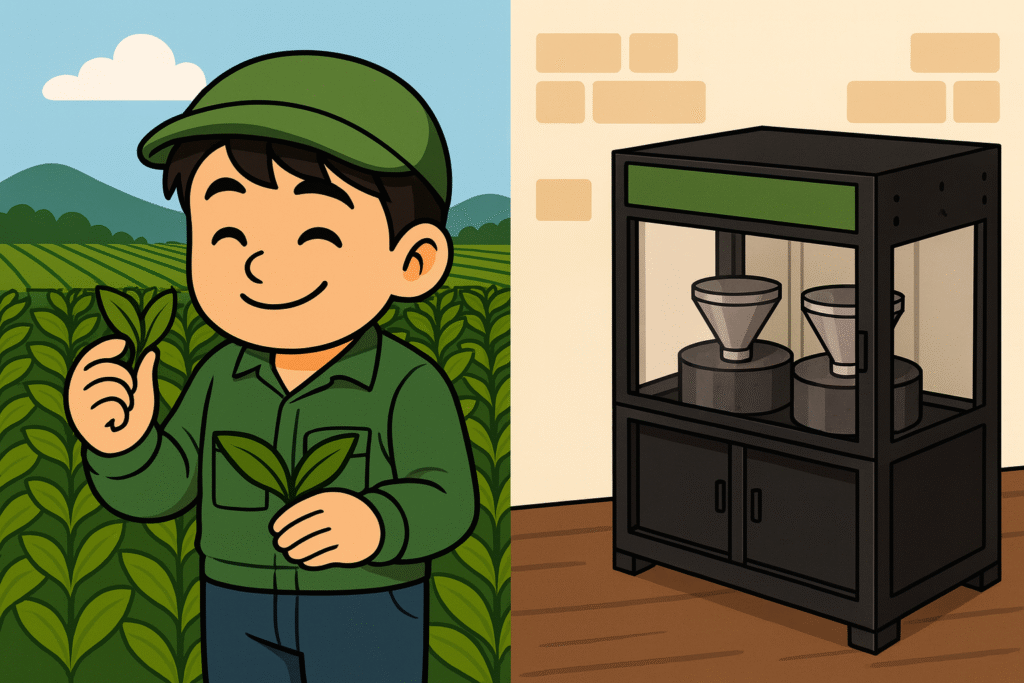 抹茶の原料となる碾茶畑と、町工場で製造中の石臼機。お金では買えない職人技と時間の積み重ねを表現。