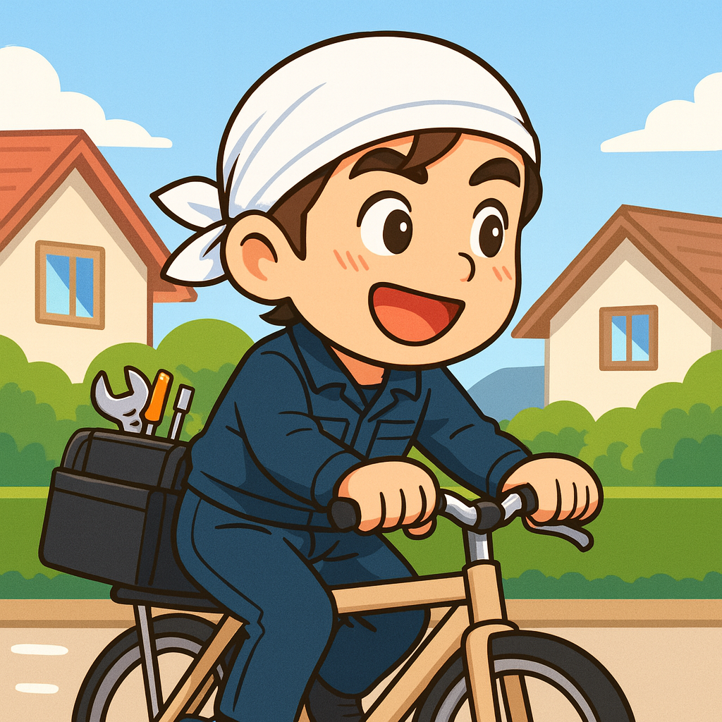 近所のSOSに応えて自転車で急行する町工場の職人。水道トラブルに駆けつける様子を描いたイメージ。