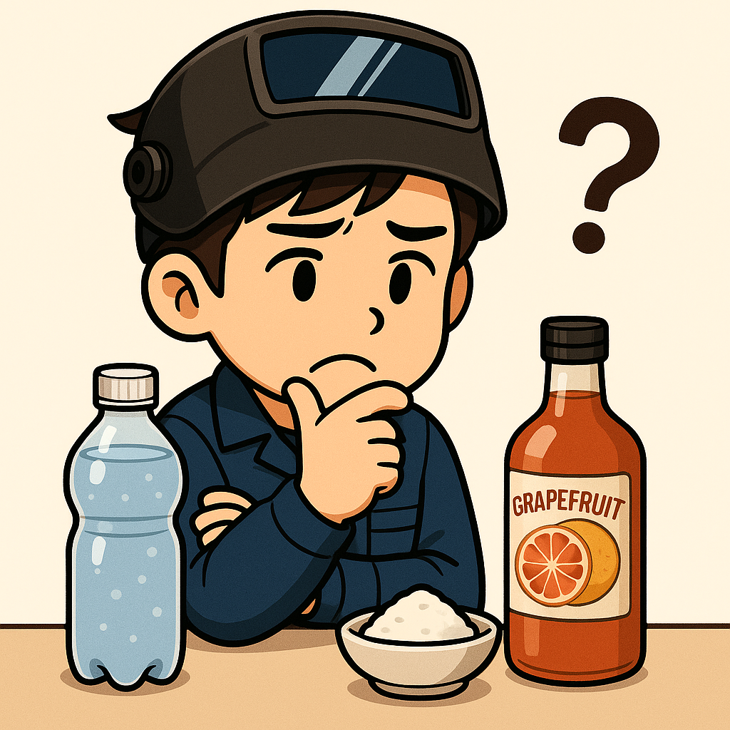 炭酸水のボトルを見つめながら、水道水のコップとどちらを飲むか悩む40代男性。炭酸水をやめるかどうか熟考しているシーン。禁酒継続と健康面の葛藤を象徴する構図。