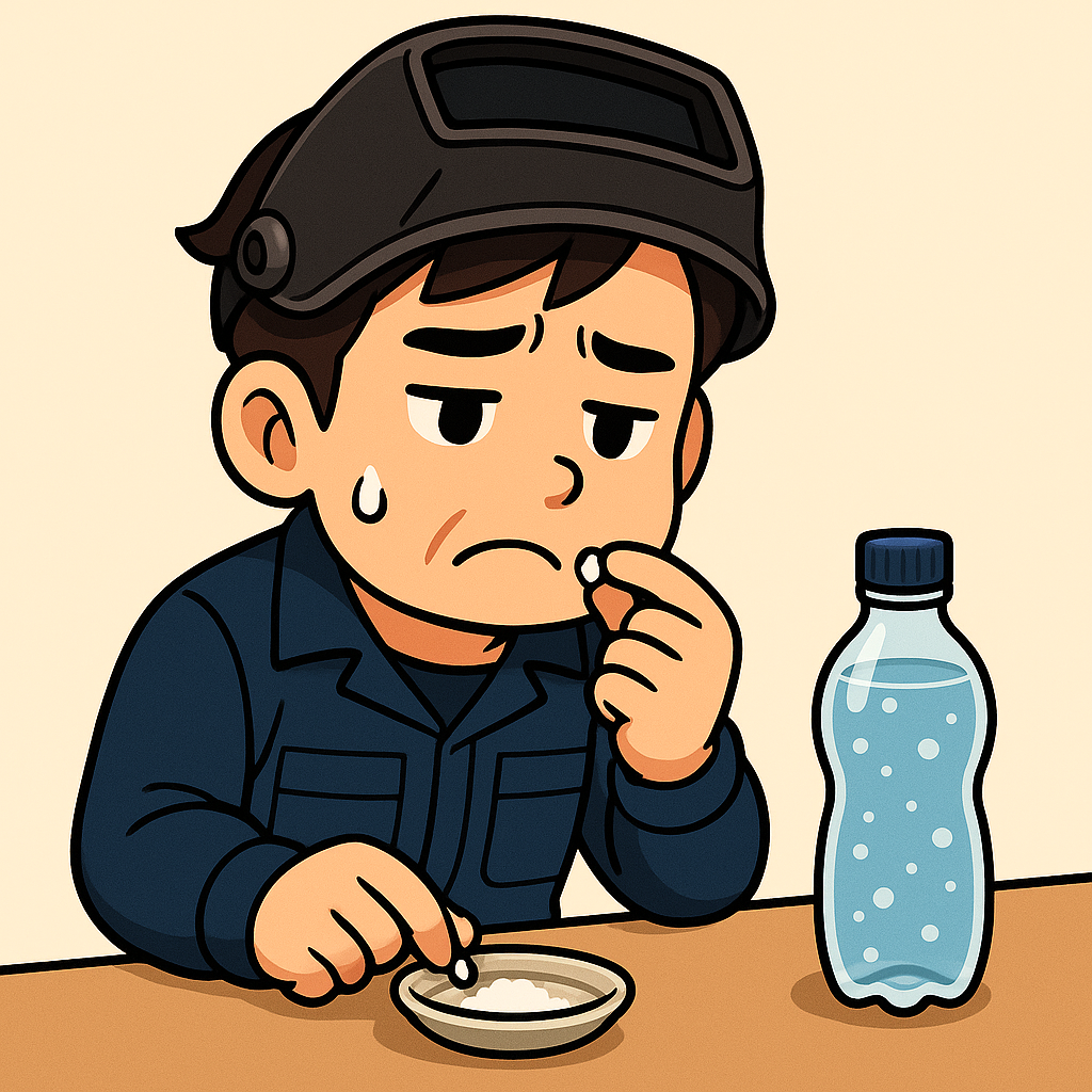 小皿に盛られた塩をつまみ、炭酸水に入れて試している男性。スポドリ風の飲み方を試すも、効果がなく困惑している表情。ゆる禁酒中の試行錯誤を表す構図。