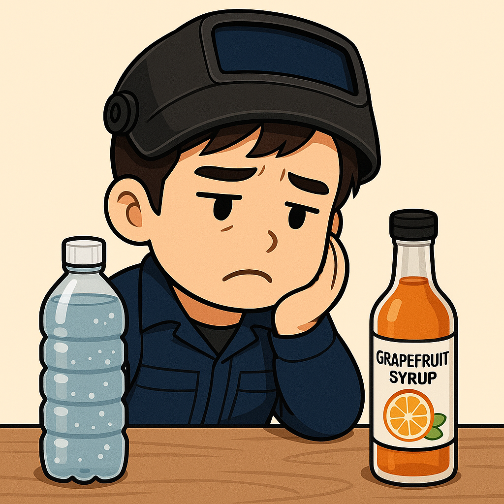 グレープフルーツシロップを前に、購入しようか迷っている40代男性。炭酸水のボトルとシロップを見比べ、コストや味を想像して悩む様子。味変チャレンジを表現したシーン。