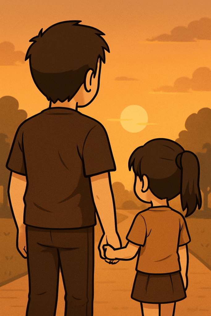 公園の帰り道、並んで歩く小学4年生の娘と若い父親の後ろ姿。夕焼けに照らされ、手を繋ぐ二人のシルエットが柔らかく伸びている。これからも娘を守り続ける父の決意と、親子の温かい絆を表す締めのイメージ。