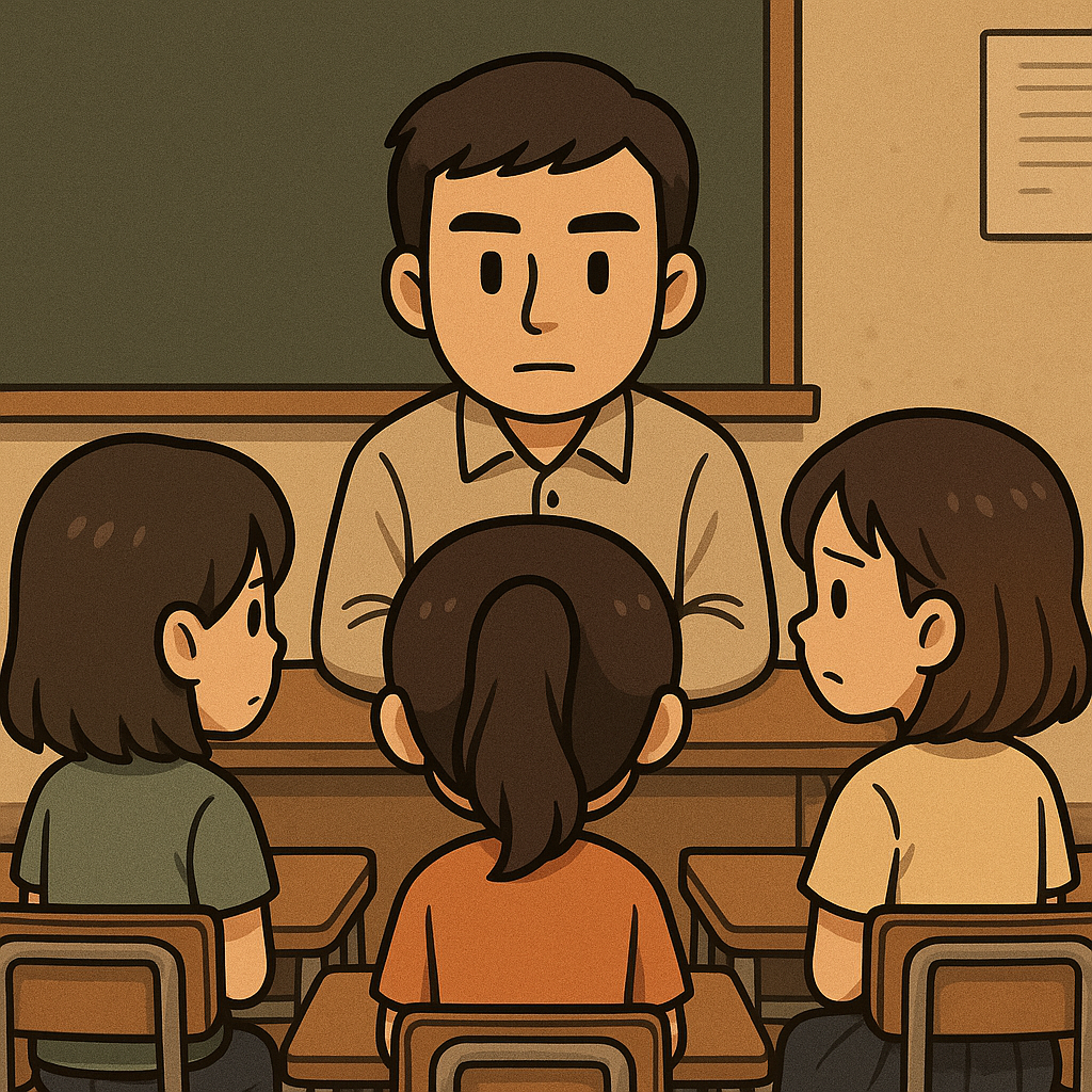 学校の教室で、担任教師と3人の女子児童が向き合って座るシーン。具体的な顔や学校名は分からない抽象構図。教師は穏やかだが真剣な表情で、子どもたちは緊張しながらも話し合いに臨んでいる。トラブル解決へ踏み出した場面を象徴する。