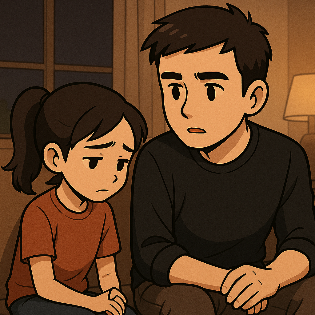 夜のリビングで、小学4年生の娘と向き合う若い父親。娘は不安そうにうつむき、父は真剣な眼差しで話を聞いている。普段は明るい娘が初めて弱さを見せ、勇気を振り絞ってSOSを伝える瞬間を切り取った場面。